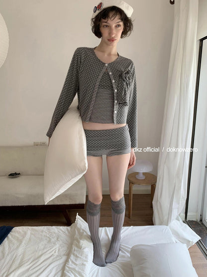 DKZ OFFICIAL Gray Polka Dot Knit Cardigan With Detachable Flower