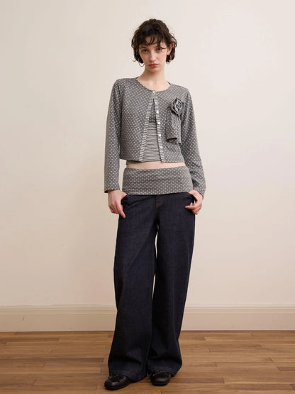 DKZ OFFICIAL Gray Polka Dot Knit Cardigan With Detachable Flower