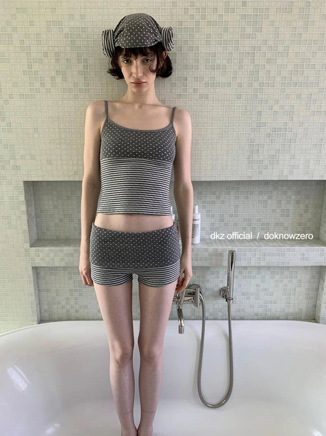 DKZ OFFICIAL Gray Polka Dot Stripe Patchwork Cuffed Shorts
