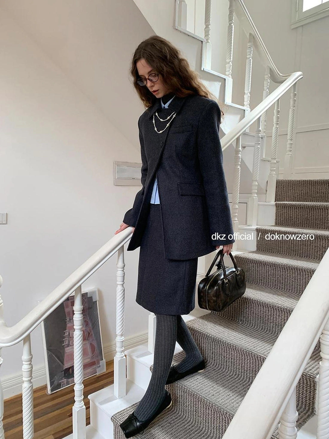 DKZ OFFICIAL Gray Retro Quilted Blazer And Midi Skirt Set
