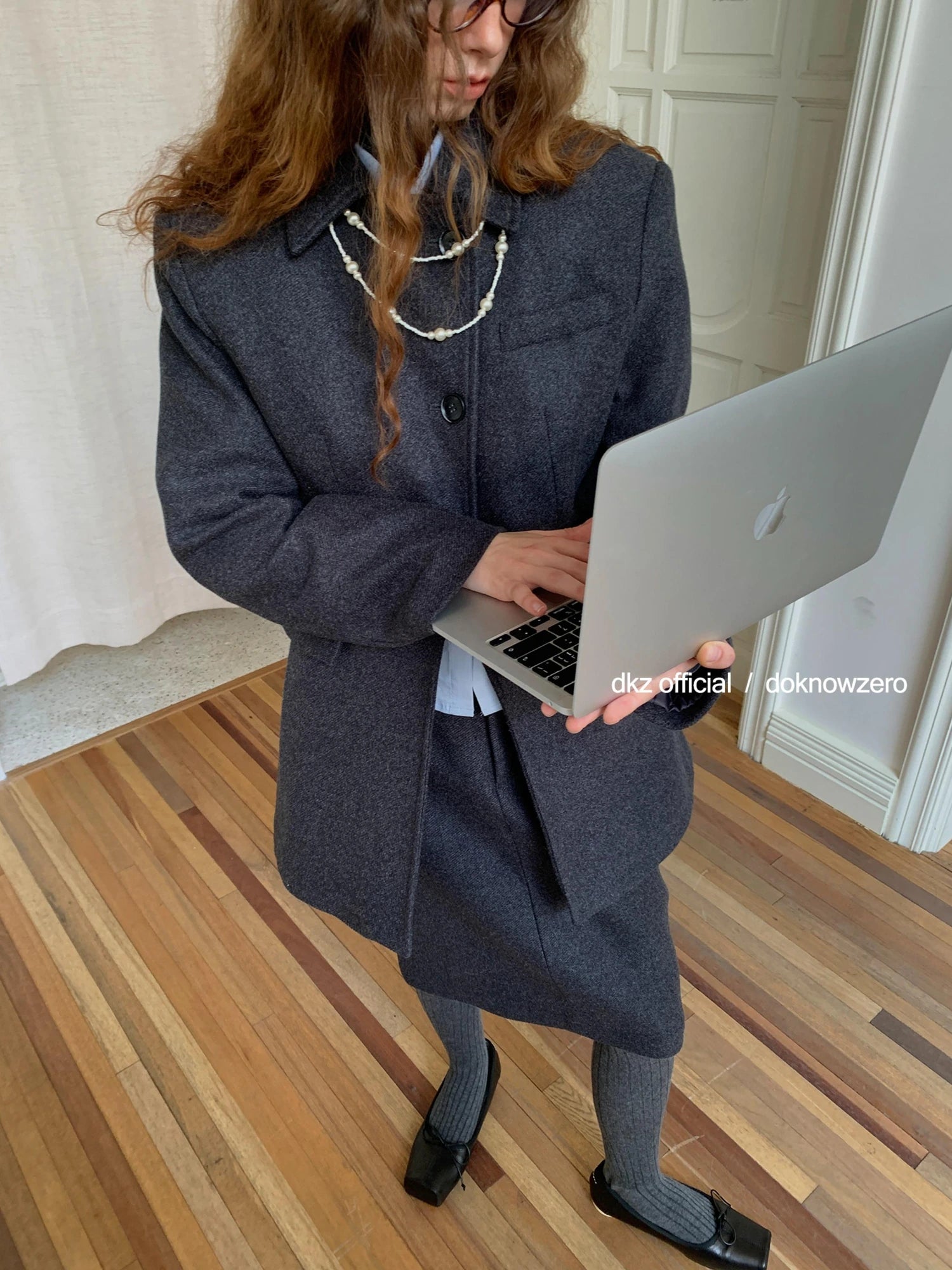 DKZ OFFICIAL Gray Retro Quilted Blazer And Midi Skirt Set