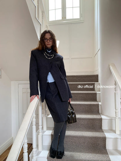 DKZ OFFICIAL Gray Retro Quilted Blazer And Midi Skirt Set