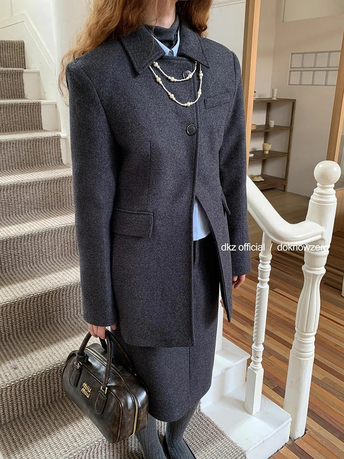 DKZ OFFICIAL Gray Retro Quilted Blazer And Midi Skirt Set