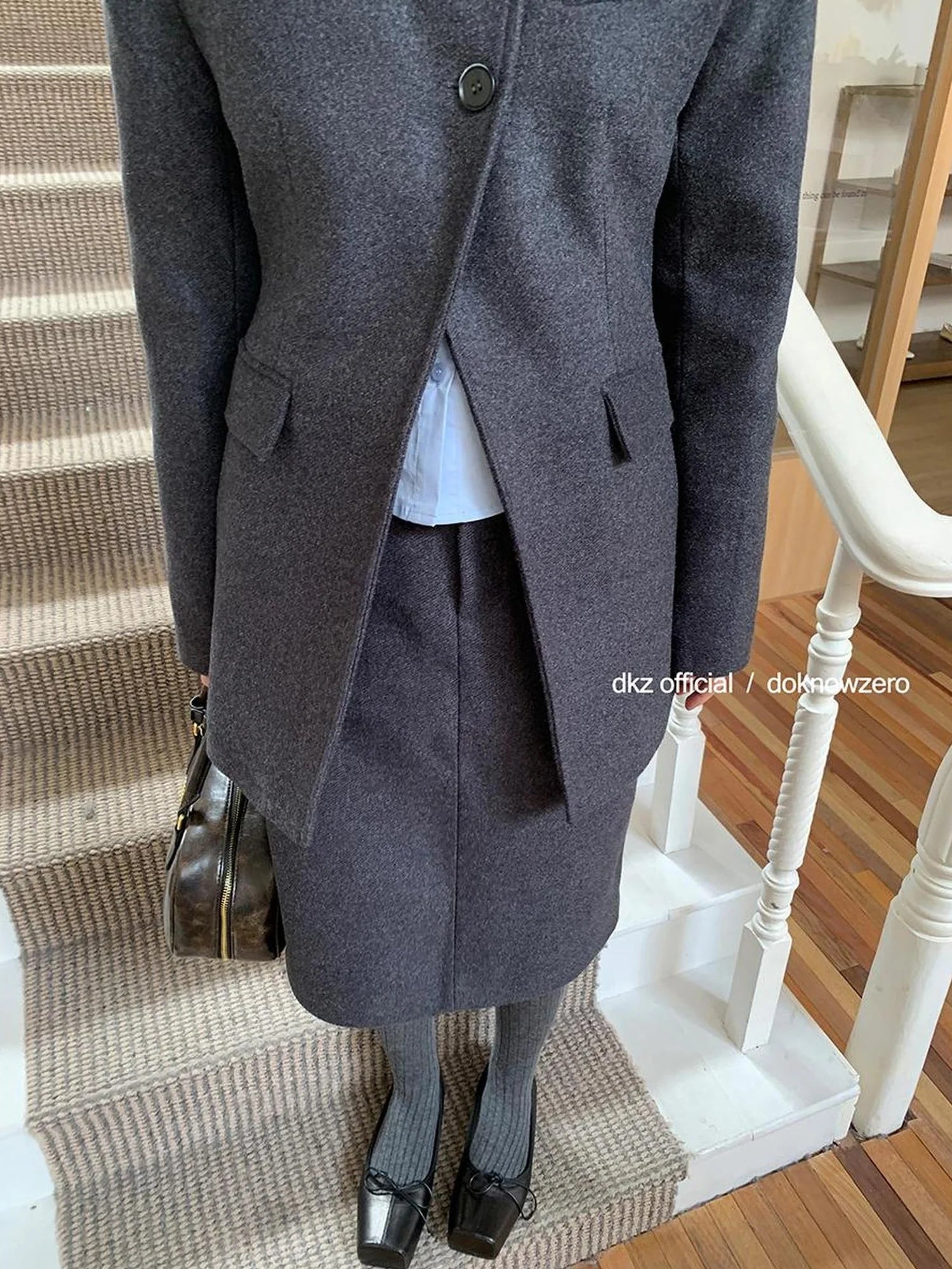 DKZ OFFICIAL Gray Retro Quilted Blazer And Midi Skirt Set