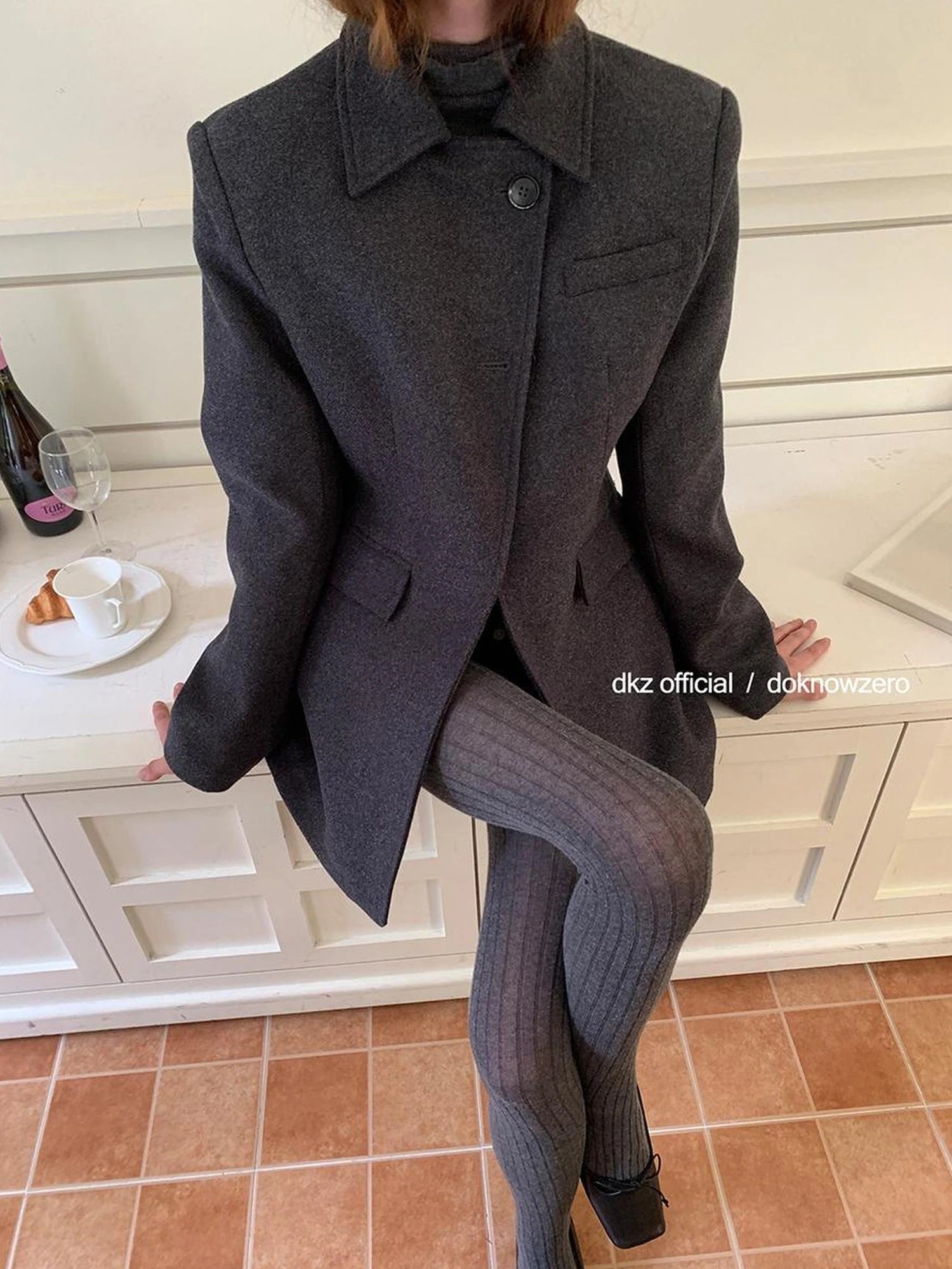 DKZ OFFICIAL Gray Retro Quilted Blazer And Midi Skirt Set