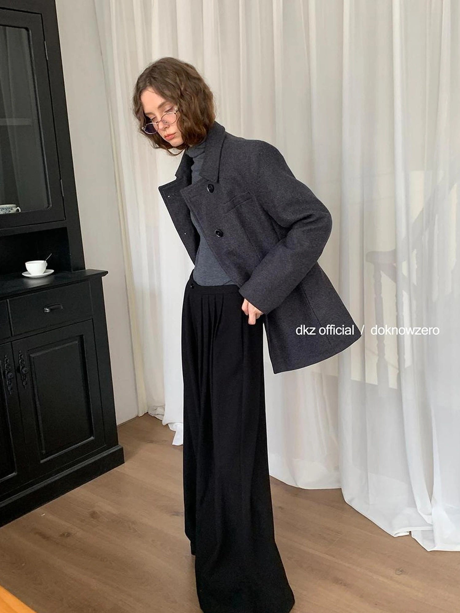DKZ OFFICIAL Gray Retro Quilted Blazer And Midi Skirt Set