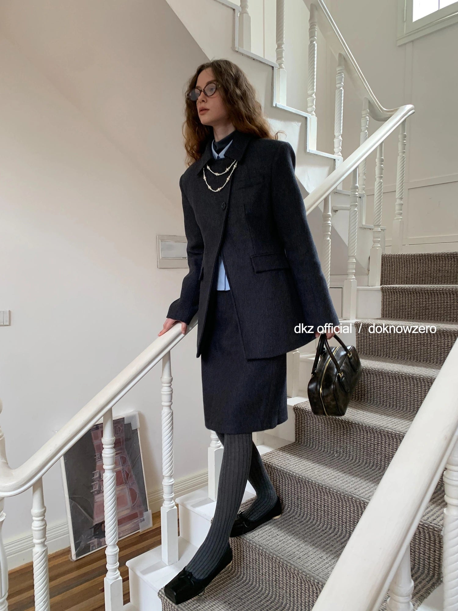 DKZ OFFICIAL Gray Retro Quilted Blazer And Midi Skirt Set