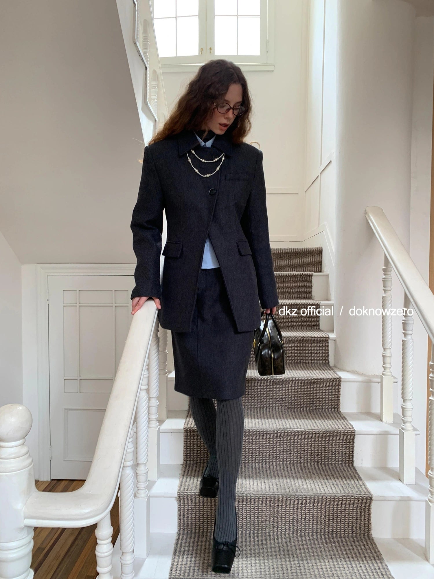 DKZ OFFICIAL Gray Retro Quilted Blazer And Midi Skirt Set