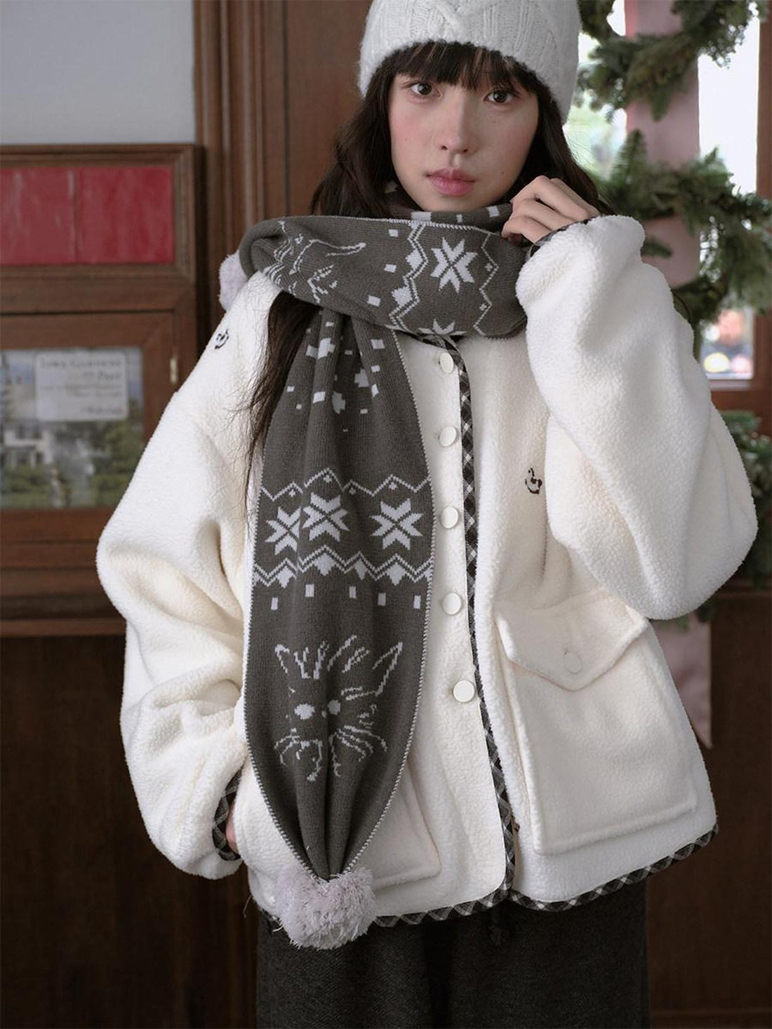 DKZ OFFICIAL Gray Snowflake Cat Knit Pompom Geometric Women&