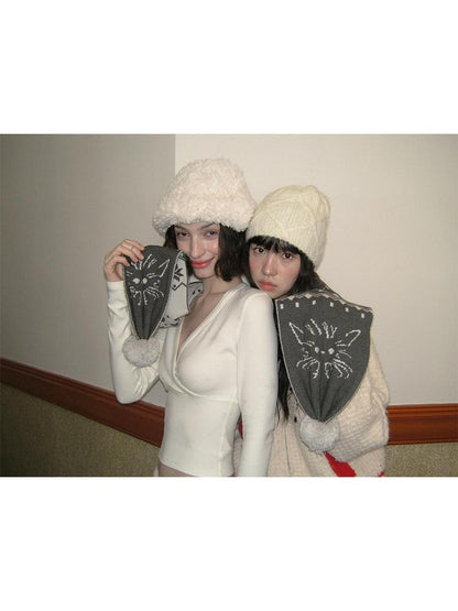 DKZ OFFICIAL Gray Snowflake Cat Knit Pompom Geometric Women&