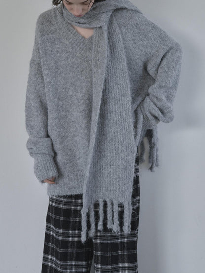 DKZ OFFICIAL Gray V-neck Oversized Lazy Knit With Scarf Women&