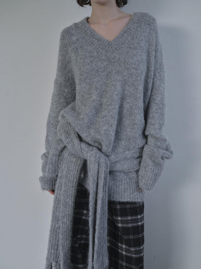 DKZ OFFICIAL Gray V-neck Oversized Lazy Knit With Scarf Women&