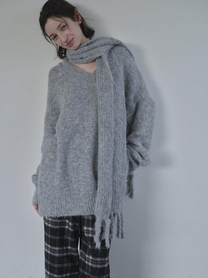 DKZ OFFICIAL Gray V-neck Oversized Lazy Knit With Scarf Women&