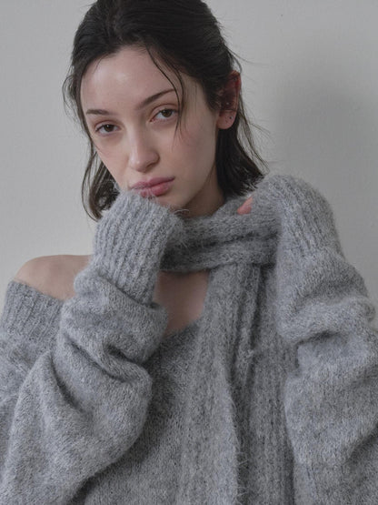 DKZ OFFICIAL Gray V-neck Oversized Lazy Knit With Scarf Women&