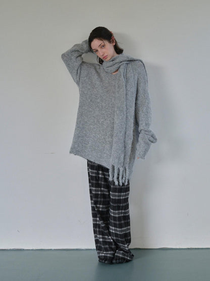 DKZ OFFICIAL Gray V-neck Oversized Lazy Knit With Scarf Women&