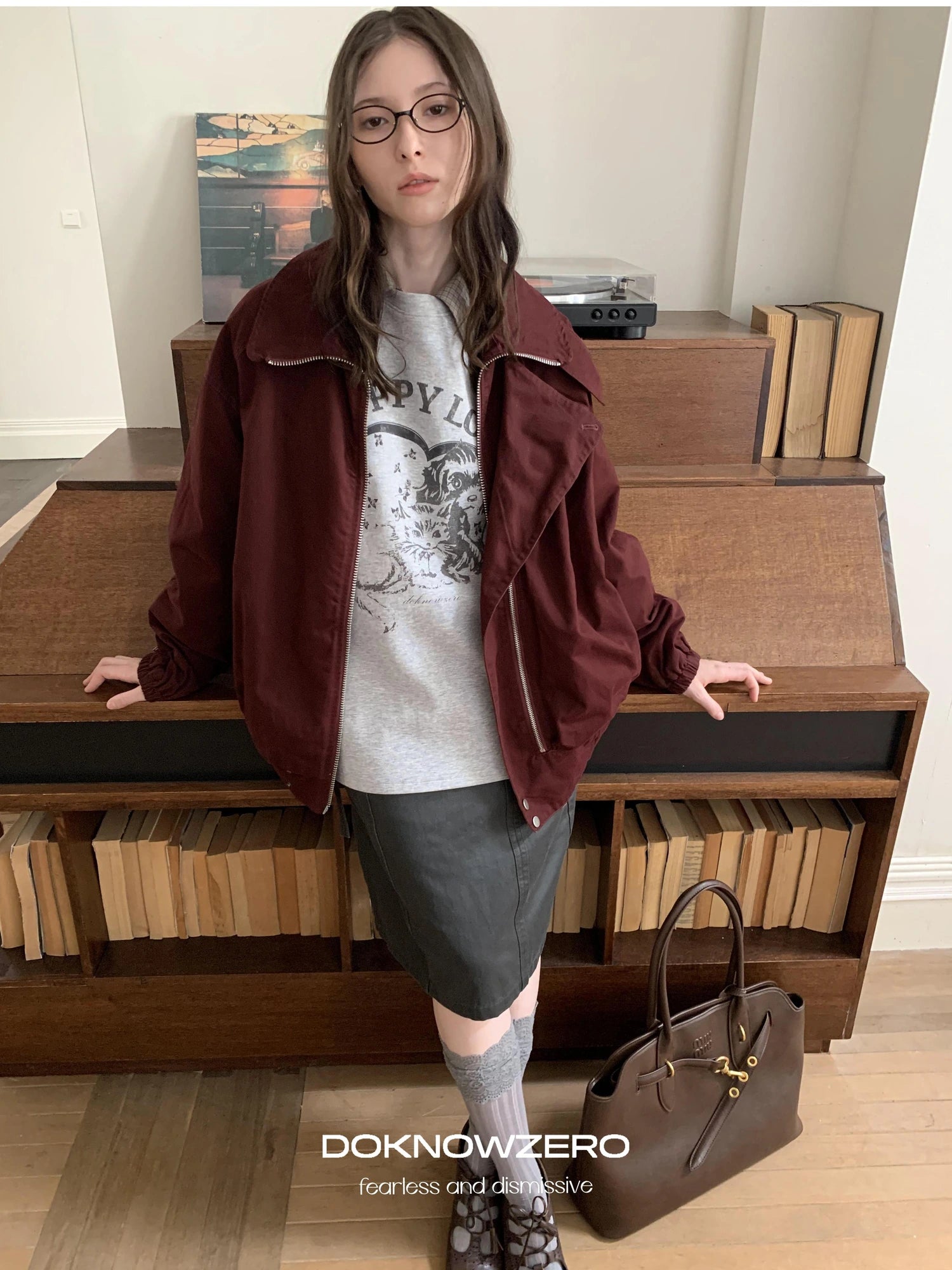 DKZ OFFICIAL Gray Washed Wax Print Straight Skirt