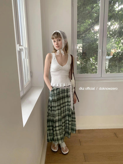 DKZ OFFICIAL Green Checkered Lace Tie Maxi Skirt