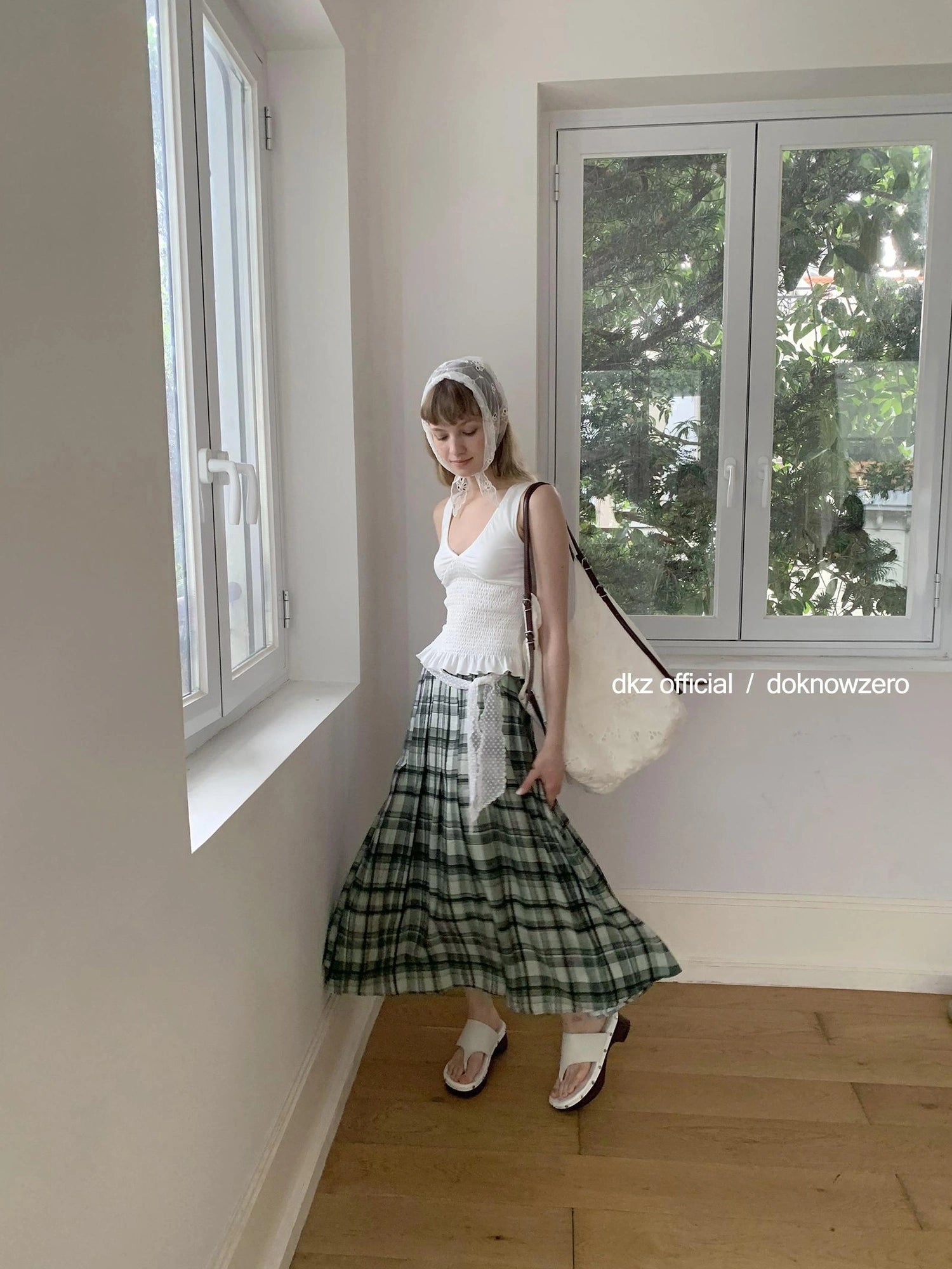DKZ OFFICIAL Green Checkered Lace Tie Maxi Skirt