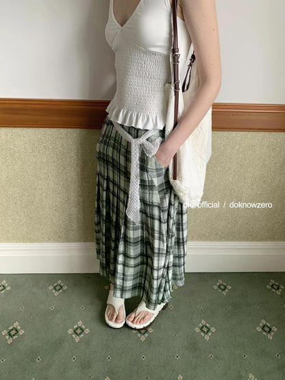 DKZ OFFICIAL Green Checkered Lace Tie Maxi Skirt