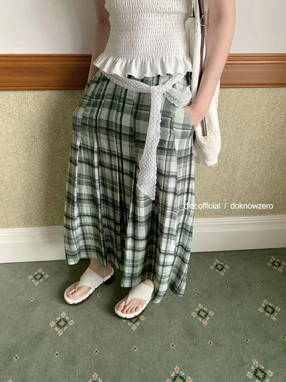DKZ OFFICIAL Green Checkered Lace Tie Maxi Skirt