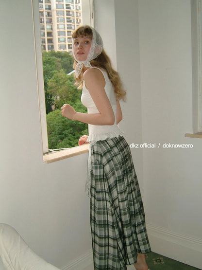 DKZ OFFICIAL Green Checkered Lace Tie Maxi Skirt
