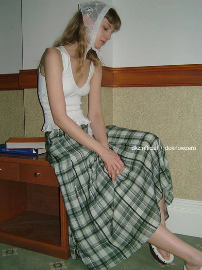 DKZ OFFICIAL Green Checkered Lace Tie Maxi Skirt