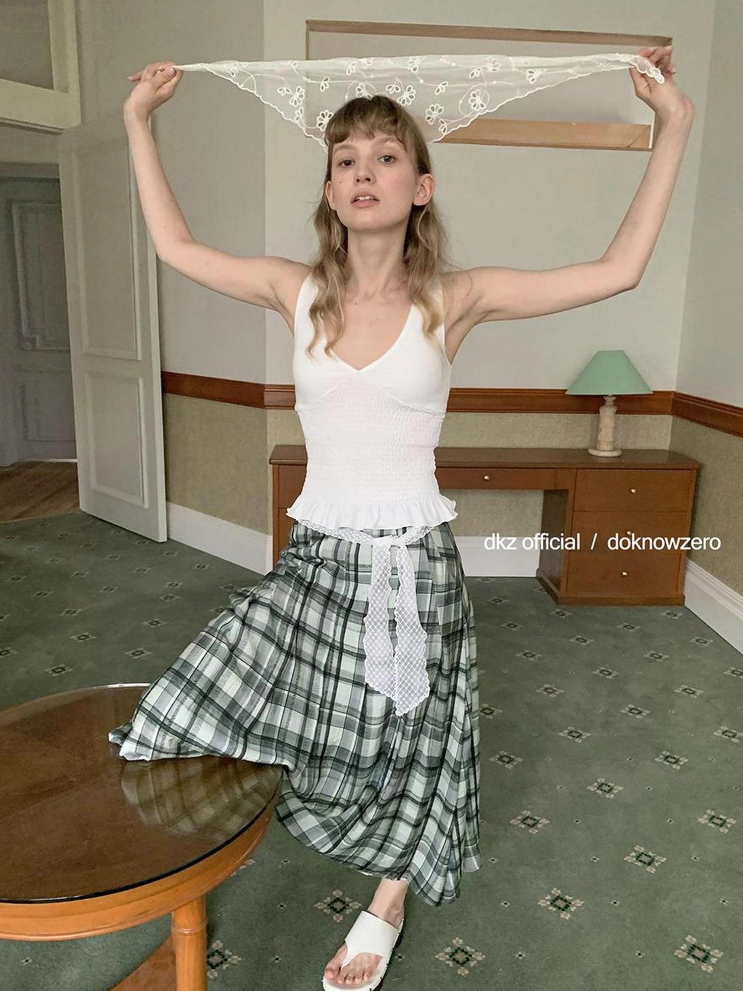 DKZ OFFICIAL Green Checkered Lace Tie Maxi Skirt