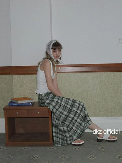 DKZ OFFICIAL Green Checkered Lace Tie Maxi Skirt