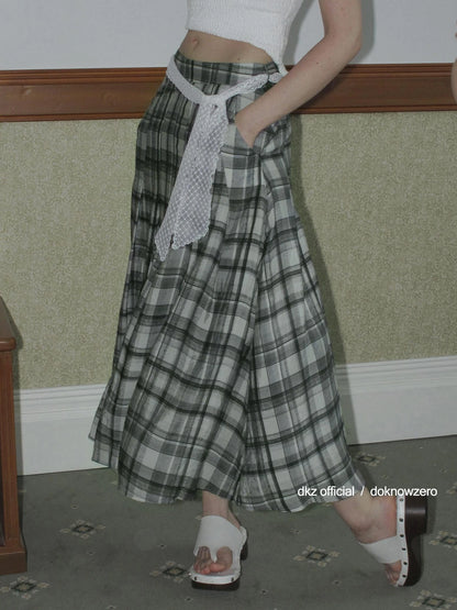 DKZ OFFICIAL Green Checkered Lace Tie Maxi Skirt