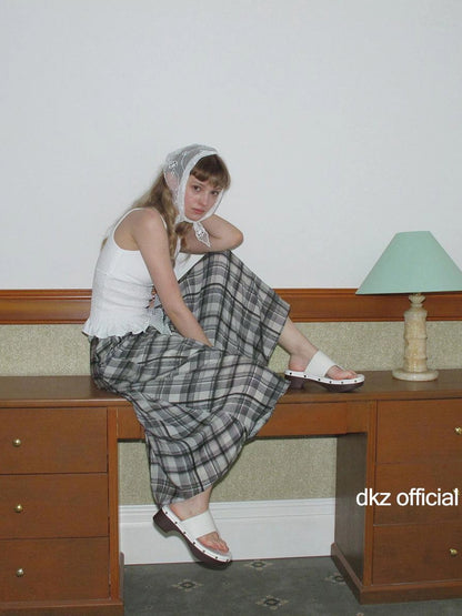 DKZ OFFICIAL Green Checkered Lace Tie Maxi Skirt