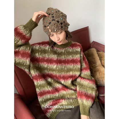 DKZ_OFFICIAL_Green_Colorblock_Striped_Crewneck_Loose_Knit_Women&