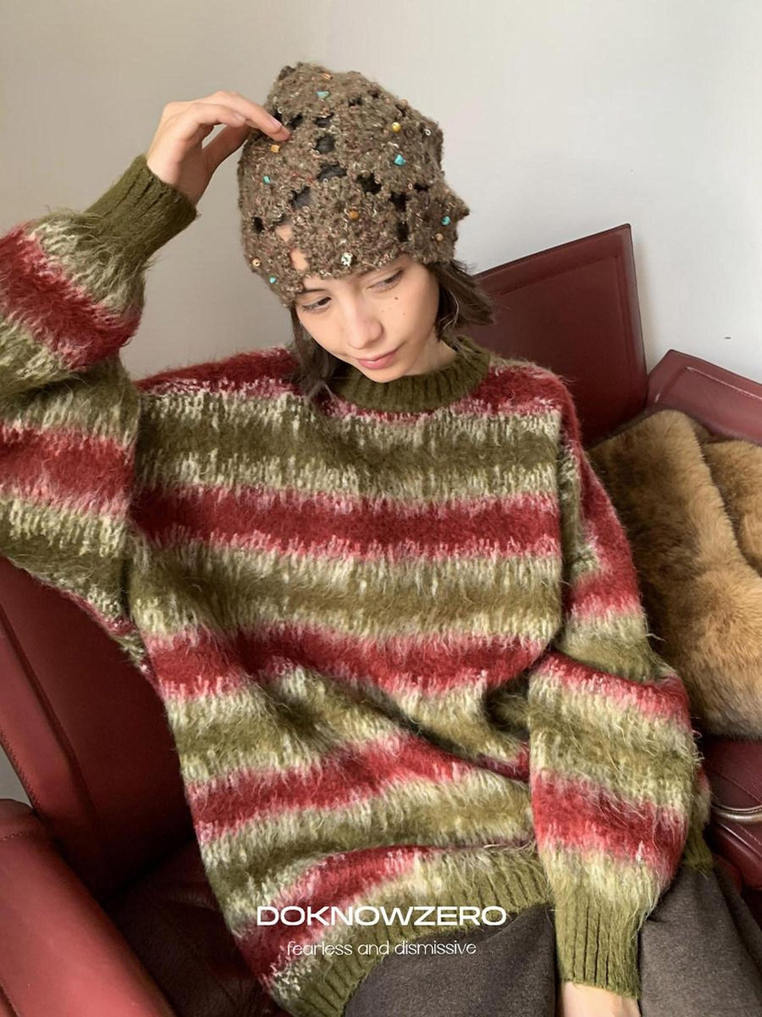 DKZ OFFICIAL Green Colorblock Striped Crewneck Loose Knit Women&
