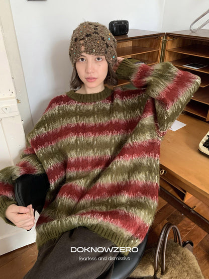 DKZ OFFICIAL Green Colorblock Striped Crewneck Loose Knit Women&