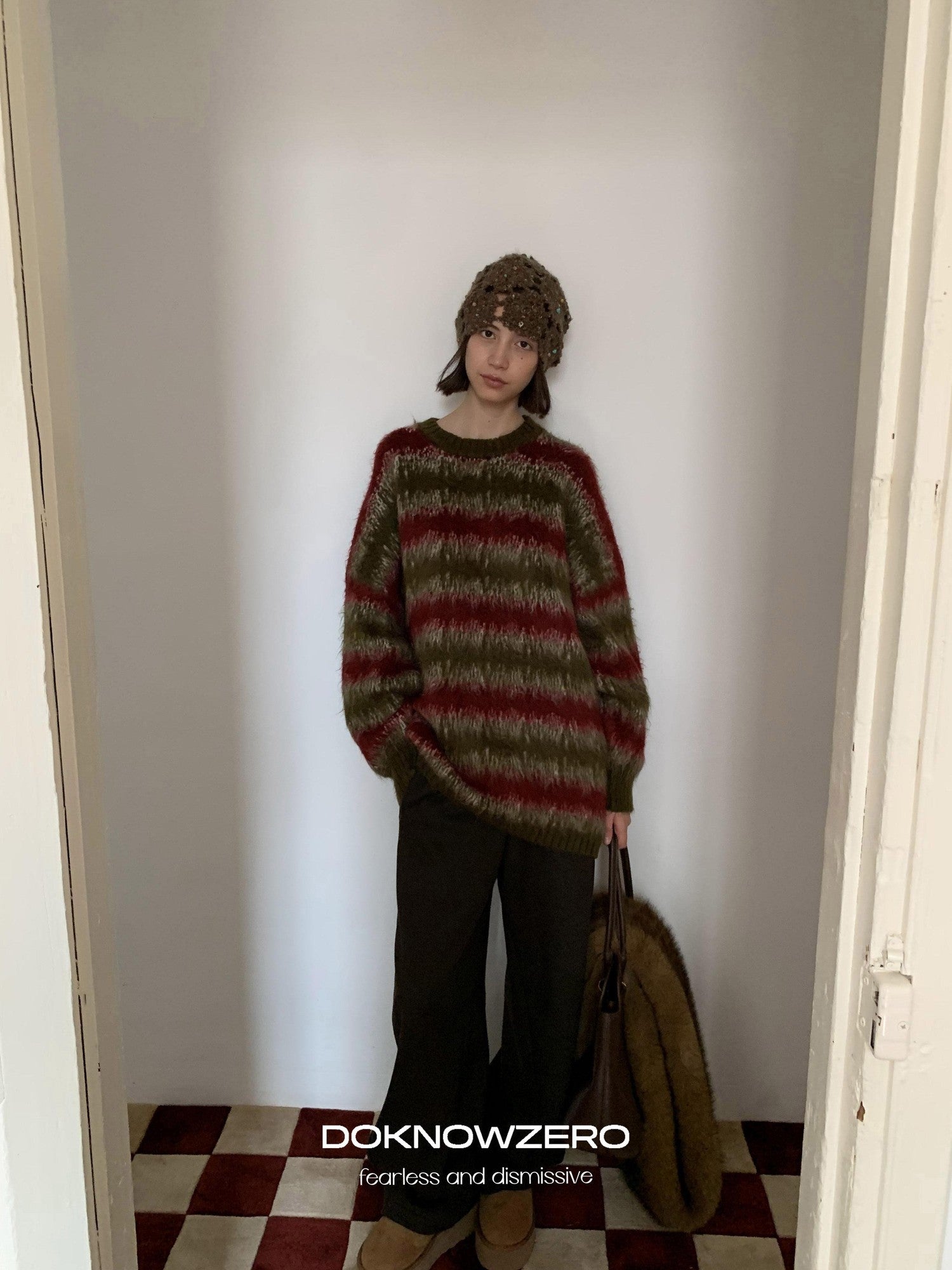 DKZ OFFICIAL Green Colorblock Striped Crewneck Loose Knit Women&