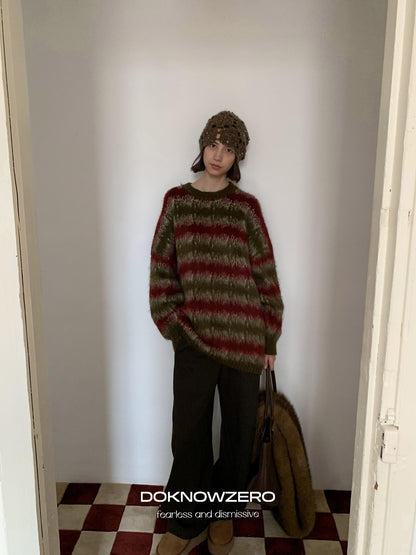 DKZ OFFICIAL Green Colorblock Striped Crewneck Loose Knit Women&