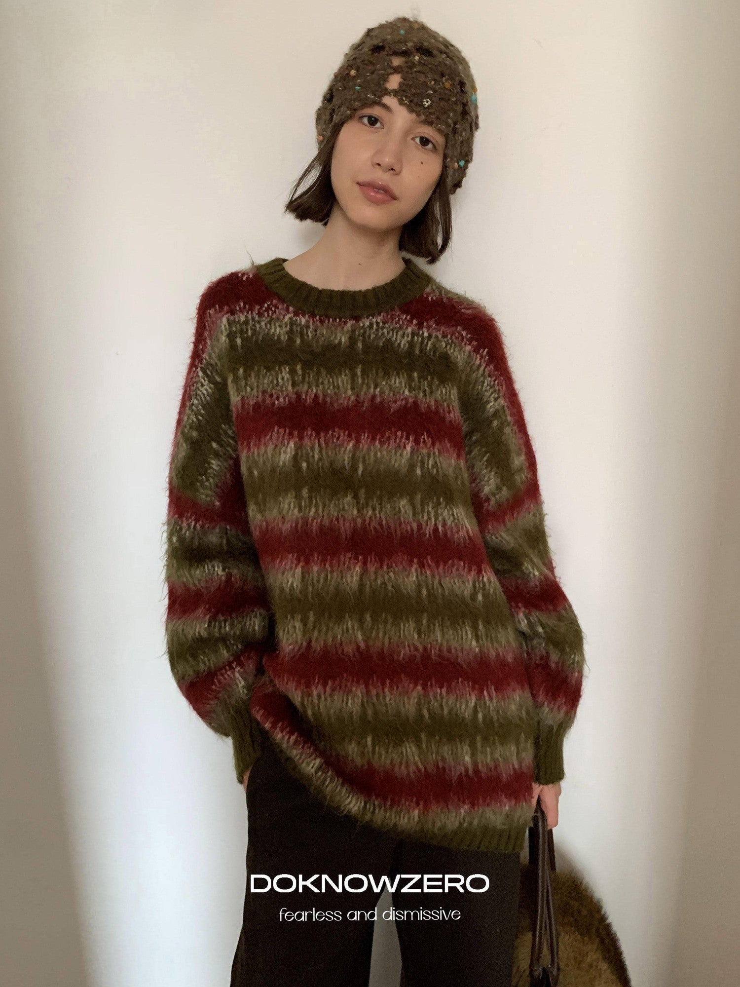 DKZ OFFICIAL Green Colorblock Striped Crewneck Loose Knit Women&