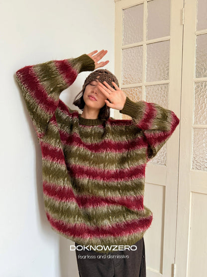 DKZ OFFICIAL Green Colorblock Striped Crewneck Loose Knit Women&