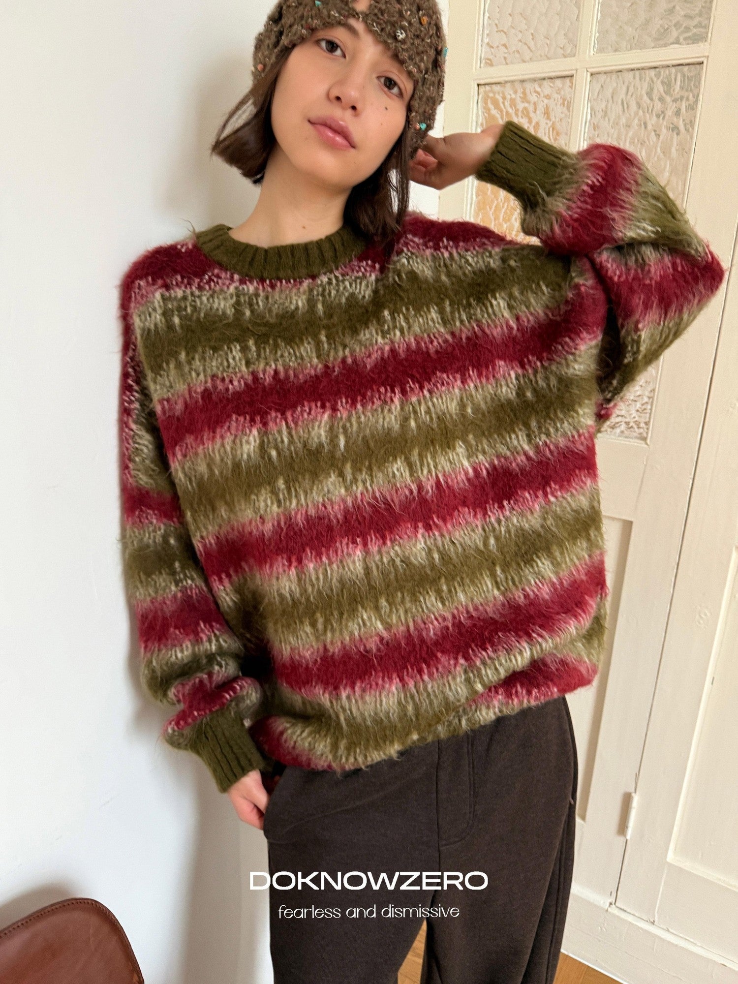DKZ OFFICIAL Green Colorblock Striped Crewneck Loose Knit Women&
