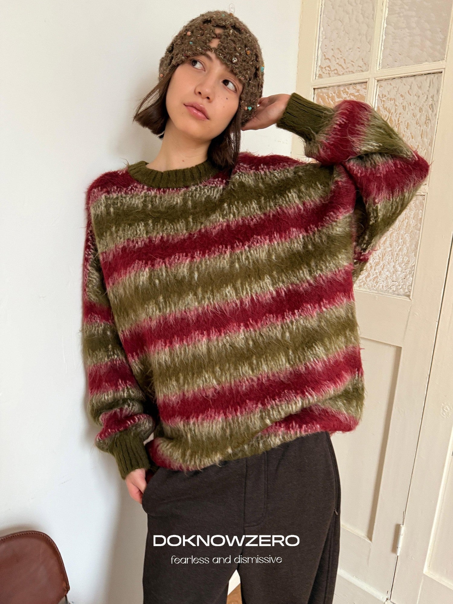 DKZ OFFICIAL Green Colorblock Striped Crewneck Loose Knit Women&