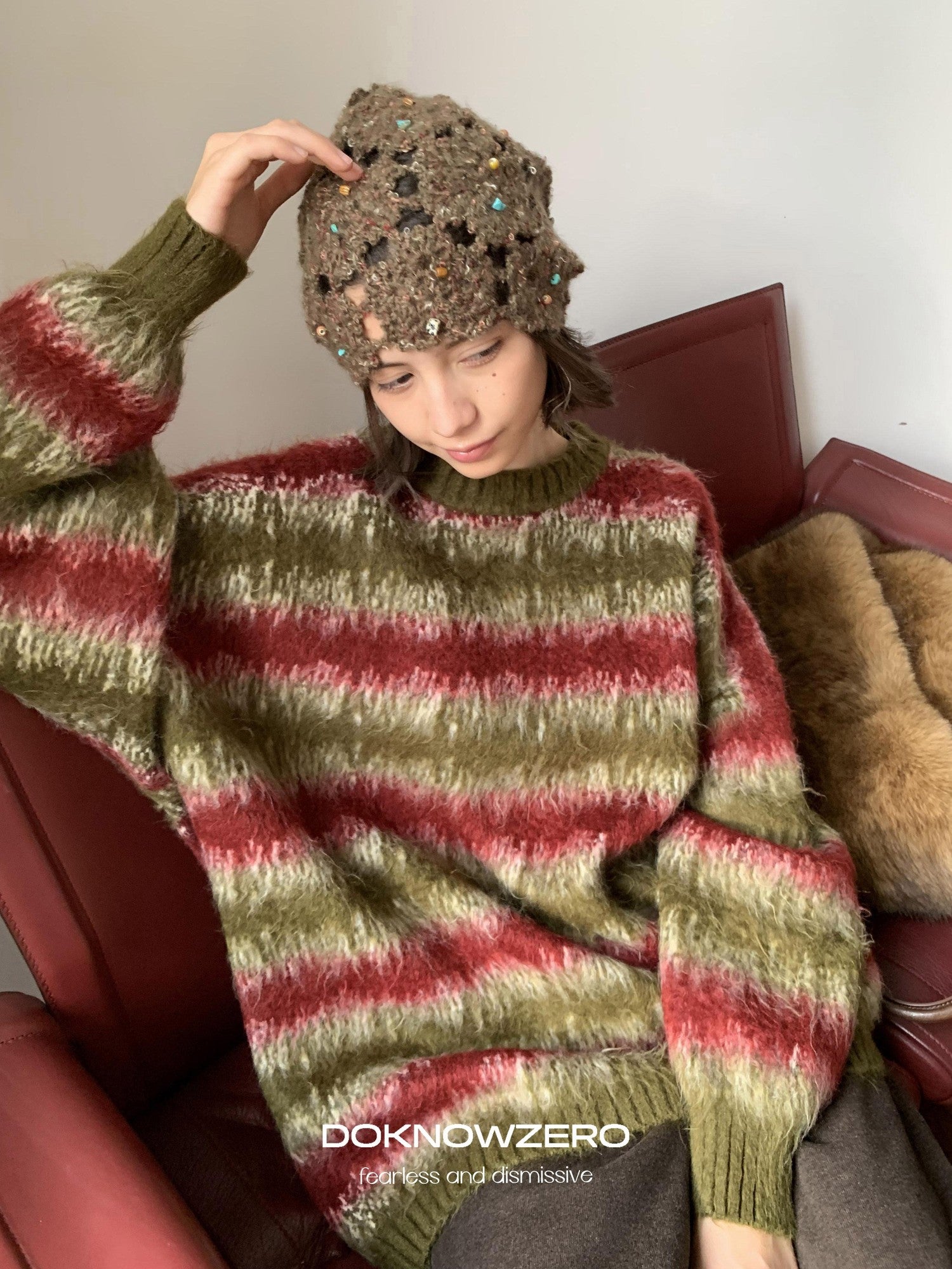 DKZ OFFICIAL Green Colorblock Striped Crewneck Loose Knit Women&