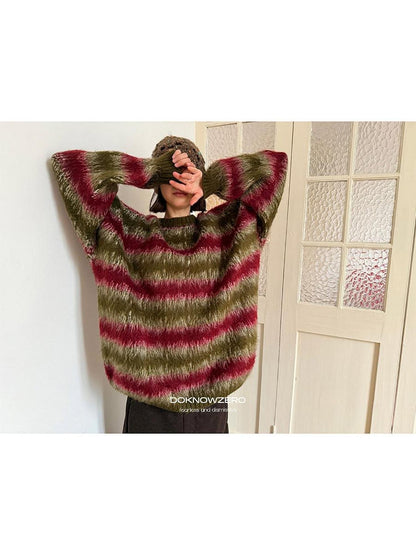 DKZ OFFICIAL Green Colorblock Striped Crewneck Loose Knit Women&