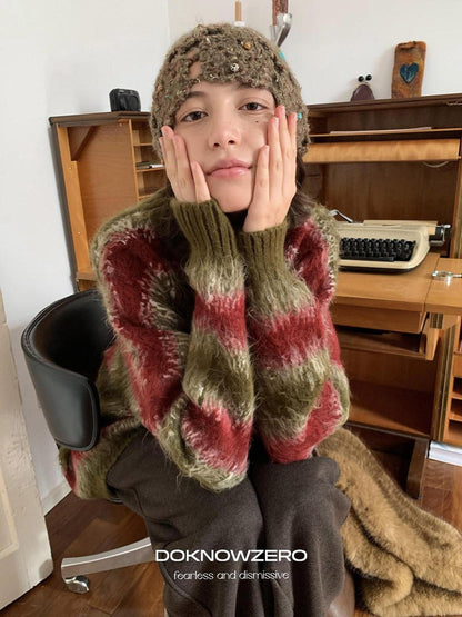 DKZ OFFICIAL Green Colorblock Striped Crewneck Loose Knit Women&