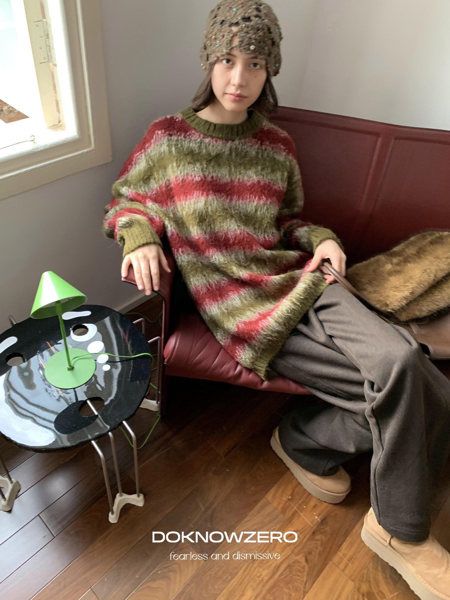 DKZ OFFICIAL Green Colorblock Striped Crewneck Loose Knit Women&