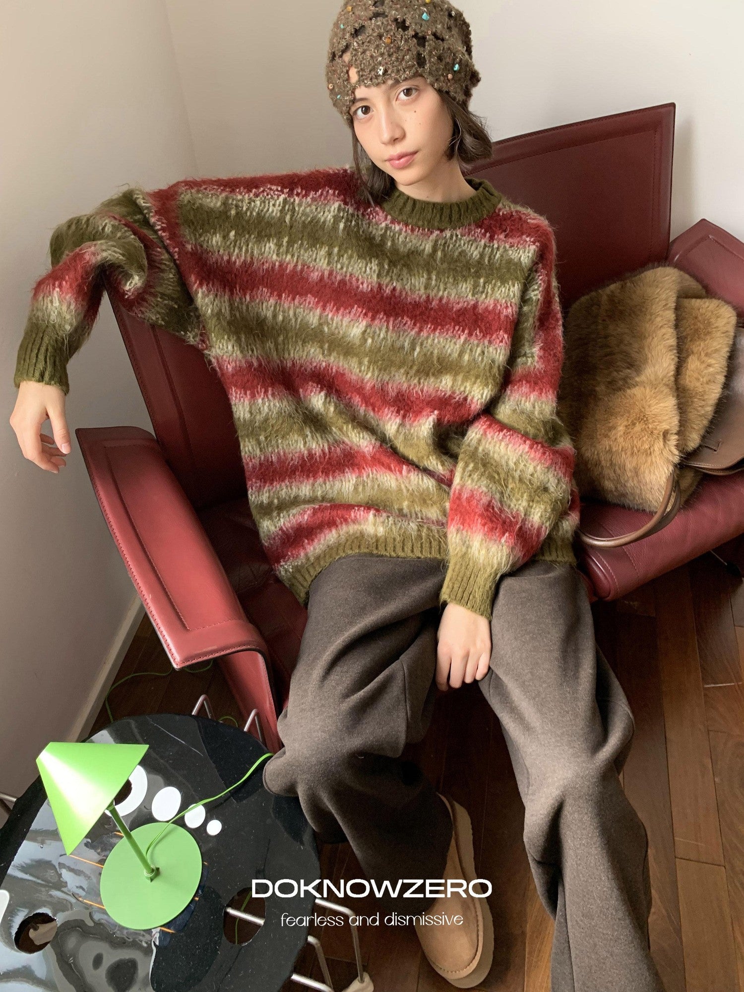 DKZ OFFICIAL Green Colorblock Striped Crewneck Loose Knit Women&