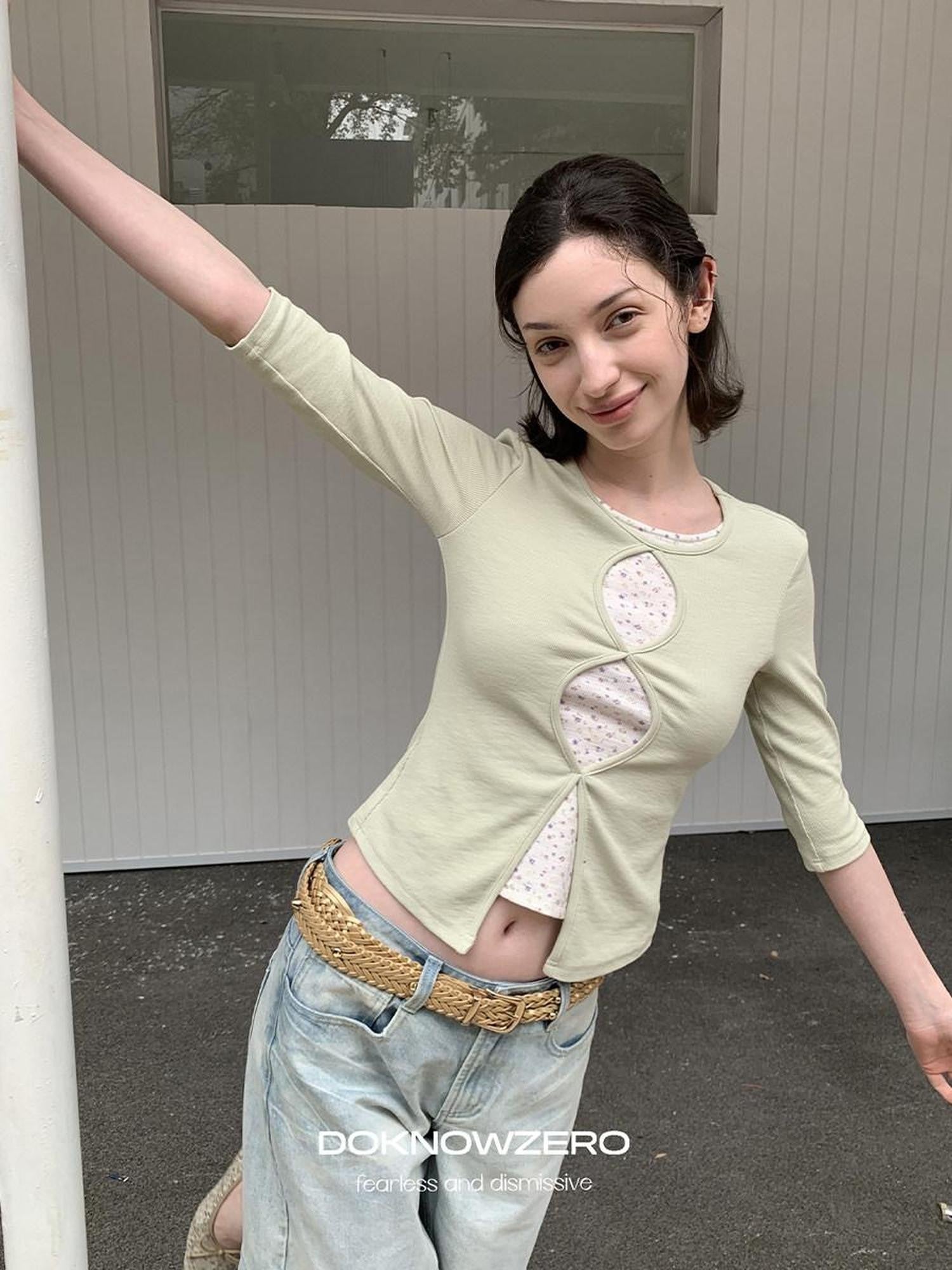 DKZ OFFICIAL Green Floral Cutout Knit Women&
