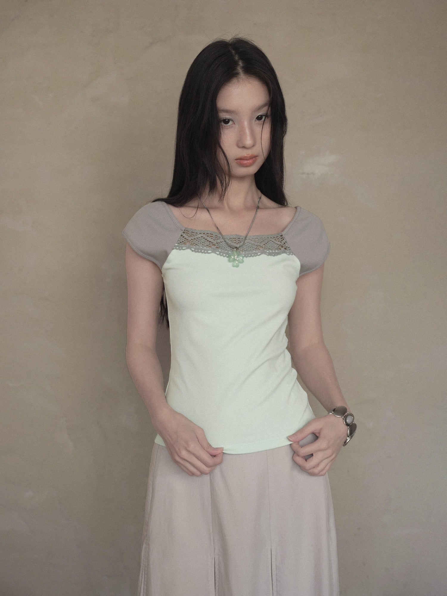 DKZ OFFICIAL Green Lace Spliced Bateau Neck Women&
