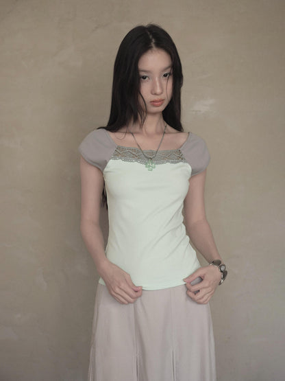 DKZ OFFICIAL Green Lace Spliced Bateau Neck Women&