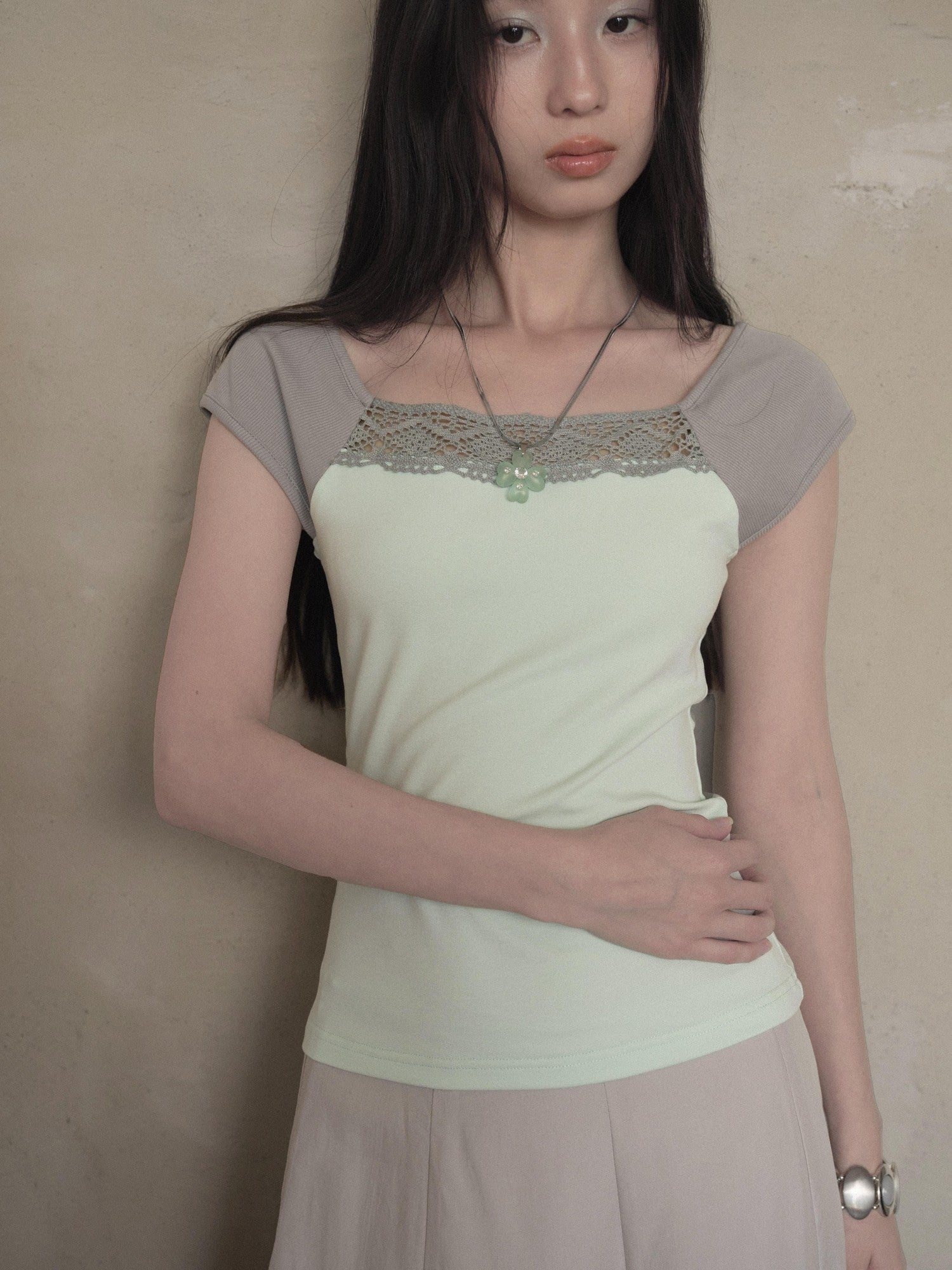 DKZ OFFICIAL Green Lace Spliced Bateau Neck Women&