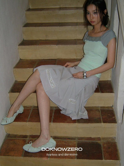 DKZ OFFICIAL Green Lace Spliced Bateau Neck Women&