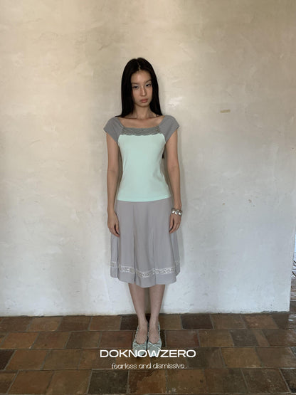 DKZ OFFICIAL Green Lace Spliced Bateau Neck Women&